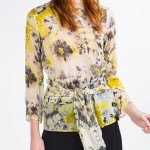 Zara Abstract Chiffon Blouse - Yellow/Gray XS